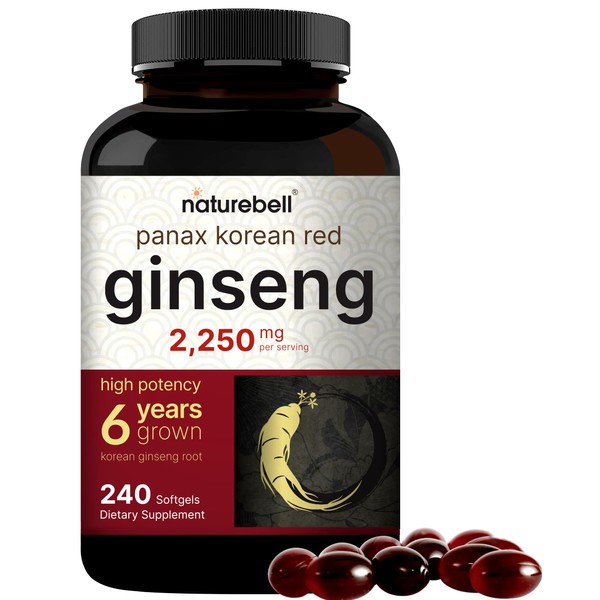 Korean Red Ginseng 2,250mg Per Serving, 240 Softgels | Panax Ginseng Root, Standardized to 10% Ginsenosides, Non-GMO, Support Energy, Male Performance, & Immune System