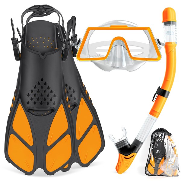 Tongtai Mask Fin Snorkel Set with Adult &Kids Snorkeling Gear, Panoramic View Diving Mask,Trek Fin,Dry Top Snorkel +Travel Bags, Professional Snorkel for Lap Swimming