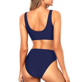 Tempt Me - Traje de baño deportivo de dos piezas con cuello redondo para mujer, Azul marino, XX-Small