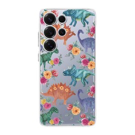 Blingy's for S25 Case, Fun Dinosaur with Flowers Design Cute Cartoon Animal Style Transparent Soft TPU Protective Clear Case 6.9 Inch (Floral Dinosaurs, S25 Ultra)