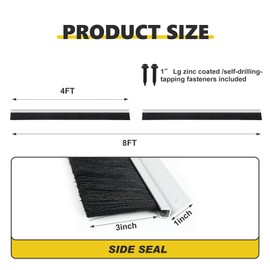 DoubleFill 3" Roll up Garage Brush Seal for Side, 8ft Long Heavy Duty Garage Door Seal Nylon Brush with Aluminum Track No-Drill 45deg Holder for Commercial, Corrugated, Sliding Barn, Hangar Doors
