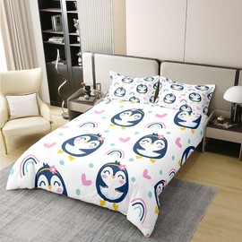 Lovely Penguin 100% Cotton Duvet Cover Twin Size 2 Pcs Kawaii Cartoon Wild Animals Deocr Bedding Set for Kids Girls Teens Pink Hearts Rainbow Graffiti Girly Comforter Cover with 1 Pillowcase
