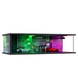 cxiiuui 1/64 Scale Cyberpunk Style Hot Wheels Display Case Car Garage Moldel with LED Light and Acrylic Cover Diecast Car Show Case 2 Parking Spaces Purple and Green Lights