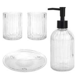 Topsky Glass Bathroom Accessories Set of 4,Clear Vertical Stripe Design with 400ml Liquid Hand Soap Dispenser,Toothbrush Holder,Mouthwash Cup,Soap Dish for Bathroom Countertop