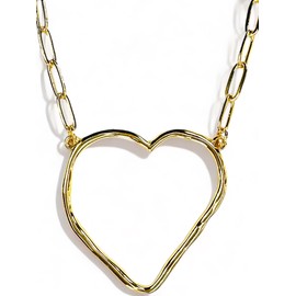 Gold Heart Necklace 18k - Large Hammered Open Irregular Heart Chain Statement Necklace (Heart)