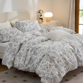 Vintage Floral Duvet Cover Queen, 3 Pieces Soft Breathable Cotton Duvet Cover Set, Garden Floral Plant Bedding Comforter Cover Set with Zipper Ties, 1 Duvet Cover and 2 Pillowcases, No Comforter