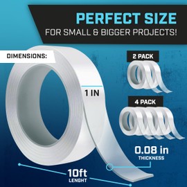 Lockport Nano Tape Double Sided Tape Heavy Duty Hanging - 4 Pack - 1 in x 10 Ft Each - Magic Clear Adhesive Perfect for Walls, Wood, Tile, Plastic, Pictures & Metal Surfaces - Strong Grip