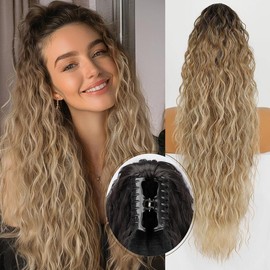 Isaic_hair Claw Long Wavy Ponytail Extension Black Brown 30" Curly Pony Tail Clip in Hair Extensions for Women Fluffy Natural Looking Synthetic braiding hair:_Ombre Brown Mix Blonde Claw clip Pony-18inch_18inch