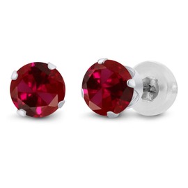 Gem Stone King 0.50 Cttw Round 4MM Red Created Ruby 14K White Gold Stud Earrings For Women