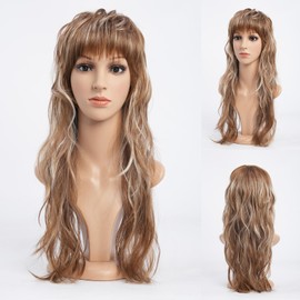 SeclitWu 80s 90s Retro Light Brown with Highlight Mullet Wigs Pixie Cut Wigs with Bangs for Women Wolf Cut Wig Long Synthetic Wavy Costumes Cosplay Hair Wig for Women at Party(22 Inch)