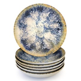 Gusto Buono 8.27" Set of 6 Stoneware Soup Plates | Dark Blue Reactive Glaze Finish | Durable, Dishwasher & Microwave Safe | Ideal for Indoor & Outdoor Dining | Ideal for Home Use, Parties & Gifts