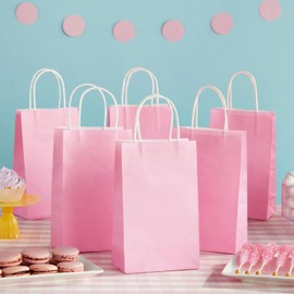 BLUE PANDA 25-Pack Pink Gift Bags with Handles - Small Paper Treat Bags for Birthday, Wedding, Retail (5.3x3.2x9 In)