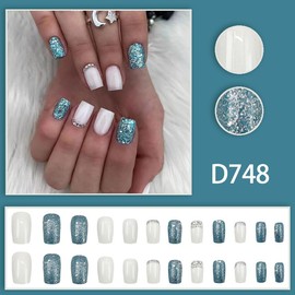 French Tip Press On Nails Fake Nails Medium Short Coffin Square with White Blue Glitter Designs Glossy Acrylic False Nails Glue on Nails Full Cover Thick Stick on Nails for Women Girls 24Pcs D748