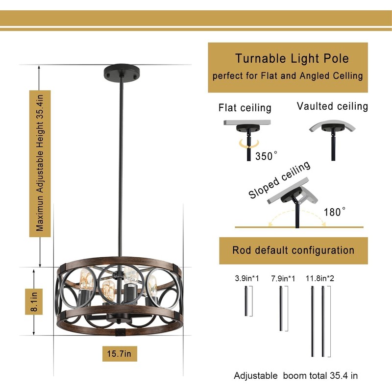 SHIANDAR Light Fixture Ceiling Mount Kitchen 4 Light Semi Flush