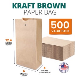 FMP Brands 500 Pack 8 lb Brown Paper Lunch Bags, 12.4 x 6 x 4" Premium Kraft Paper Bags Bulk for Small Business, Recyclable Paper Snack Sacks, Durable Paper Grocery Bag for Food Storage, Packing