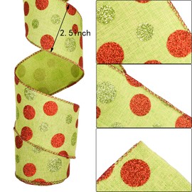 AOVNA 2.5Inch x 6M Green Glitter Polka Dot Christmas Wired Edge Ribbon Wrapping Ribbon (Green)