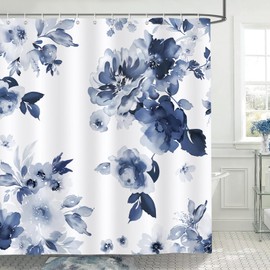 Bonhause Navy Blue Floral Shower Curtain, Watercolor Flower Modern Ink Plant Bathroom Curtain 72 x 72 Inch Polyester Fabric Waterproof Bath Curtain with 12 Hooks