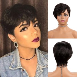 Allphv Peluca Cortas de Pelo Humano para Mujeres Negras Pelucas Cortas con Corte Pixie Pelucas con Flequillo de Lado Pelucas Cortas Pelo Humano Pelucas Cortas (3#)