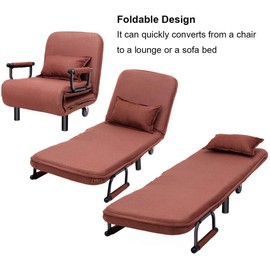 ReunionG Convertible Sleeper Sofa Chair Bed, Folding Arm Lounge Couch Chair with Pillow and 5 Position Adjustable Backrest, Sleeper Leisure Recliner for Living Room Home Office (Brown)