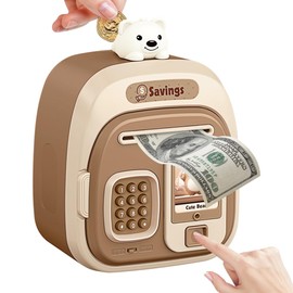 Music Money Box Children 3-12 Years, Electronic Safe Money Box with Touchscreen and Fingerprint, Money Box, Piggy Bank, Safe Gifts for Girls and Boys, Brown