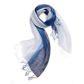 Prettystern Linen Plain Colour Unisex Summer Fringe Scarf, T68 Denim Blue/Light Blue