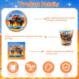Pkc 70PCS Monster Trucks Birthday Party Decorations, Cartoon Theme Party Supplies Include Birthday Banner, Balloons, Happy Birthday Plates, Tablecloth for Kids Birthday Party