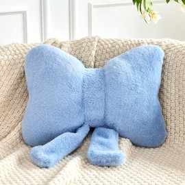XVTRU Dusty Blue Bow Pillow, Soft Bow Decorative Pillows with Faux Rabbit Fur, Cute 16" Bow Throw Pillows, Aesthetic Home Decor Bow Shaped Plush Pillow for Bedroom Sofa Couch