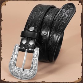 XZQTIVE Women Genuine Leather Belt Vintage Ladies Western Belt Engraved Tooled Leather Belt Cowgirl Country Belt, L, Black