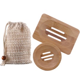 Zhongtou Pack of 2 Wooden Soap Dish with Sisal Soap Bag Natural Soap Dish Bamboo with Drain Soap Holder Round and Square for Shower Bathroom