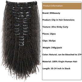 Kinky Curly Clip-In Real Hair Extensions, 16 Pieces, 240 g, Invisible Real Hair Wig Extensions, Clip-In Natural Black Clip Ins for Black Women, 10 + 12 Inches, 36 Clips