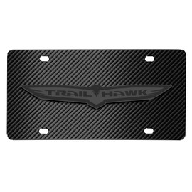 iPick Image for Jeep Trailhawk 3D Dark Gray Logo on Black Carbon Fiber Pattern Stainless Steel License Plate for Decorative