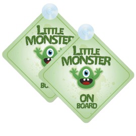 Child on Board Car Signs Twin Pack 2pcs - Little Monster Design with Strong Suction Cups | QG Ltd