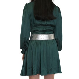 FASHIONGEN - Wide leather belt for women with round crossed buckle SOLAINE, silver