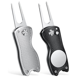 GreenHaven 2 Pack Golf Divot Repair Tool for Golfers Foldable Metal Green Tool with Magnetic Putt Alignment Ball Marker Pop-up Fork Tine with Sturdy Aluminum Alloy Handle (Silver & Black)