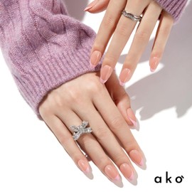 ako Short Press On Nails - Pink French Tip Almond Nails, Glossy Finish Reusable Acrylic Fake Nails, Stick On Nails with Adhesive Tabs, Prep Pad & 15 Sizes - 30 Stick on Nails