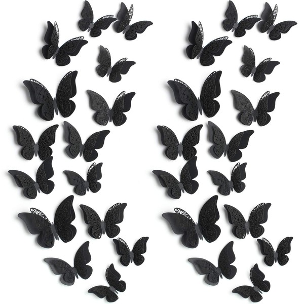 Pack of 120 3D Layered Butterfly Wall Stickers, Removable Butterfly Stickers, Hollow Wall Stickers, DIY Wall Art, Crafts for Home, Wedding Decor (Black)