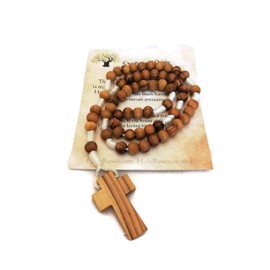 HolyRoses | Natural Olive Wood Rope Catholic Rosary with Cross | 7 mm Beads | White Twine | from Bethlehem, Holyland | Certificate of Origin & Prayer Card (White)