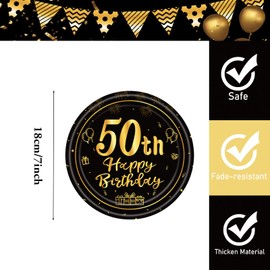 Paper Plates 50th Birthday, Pack of 16 Disposable Birthday Plates, 18 cm Paper Plates Disposable for Boys Girls, Black and Gold Paper Plates for Party Birthday, Happy 50th Birthday Disposable Plates