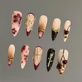 NailVesta DreamWear Collection – 100% Handcrafted 3D Press-On Nails | Reusable, Long-Lasting, Salon-Quality:_Vintage Cherry_M