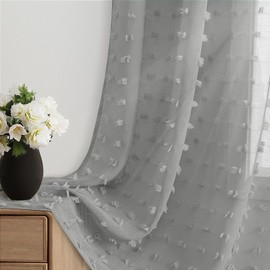 Jowels Sheer Curtains 90 Inches Long Gauze Tulle Curtains for Living Room Bedroom Nursery Grey Bohemian Curtains Pom Pom Boho Curtains 2 Panels Back Tab Light Filtering Curtains,52x90,Grey