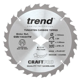 Trend Craft Pro 190mm Diameter Wormdrive Circular Sawblade - CSB/19024TW; 190mm; Bore 5/8" ploygone Knock Out; 24 Teeth; Triple Pack