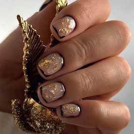 Short Press on Nails Square Fake Nails Glod Foil Glue on Nails Short False Nails with Retro Designs Black and Nude Full Cover Acrylic Nails Glossy Stick on Nails for Women 24Pcs