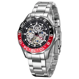 TSAR BOMBA Automatic Mechanical Hybrid GMT Luxury Watch for Men 200M Waterproof Skeleton Japanese Self-Charging Movement Date Premium Business Travel Silver Mens Watch Dual