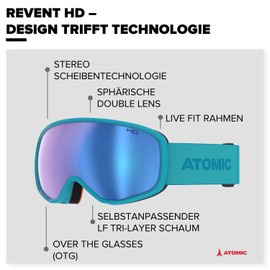 ATOMIC REVENT HD Ski Goggles - Teal Blue - Ski Goggles with Contrasting Colours - High Quality Mirrored Snowboard Goggles - Goggles with Live Fit Frame - Ski Goggles with Double Lens