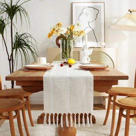 Chassic Rustic Farmhouse Style Linen Table Runner, Boho Handmade Fringe Braided Stripe Table Runners 72 Inches Long for Holiday Party, Wedding and Dining Decorations, 13 x 72 inch - Ivory