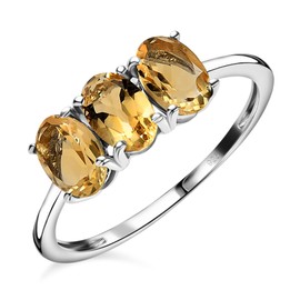 TJC Citrine Three Stone Ring In Platinum Plated 925 Sterling Silver for Women Size R Prong Setting