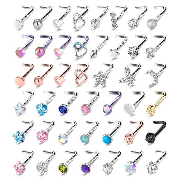 ONESING 44 Pcs 20G Nose Rings Studs L Shape Nose Rings for Women Nose Piercings Jewelry Surgical Stainless Steel Nose Studs Moon Star Heart Butterfly Hypoallergenic Piercing Jewelry for Women Men