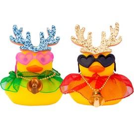 Mwmoeen Christmas Rubber Duck Car Decorations, Pack of 2 Rubber Duck Car Dashboard Decorations with a Lace Dress and Mini Antlers and Sunglasses, Suitable for Car, Home Decoration