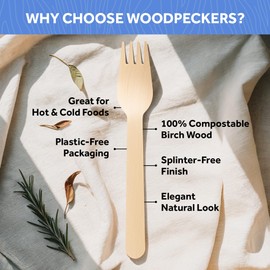 Compostable Forks, Wood Disposable Utensils, 100 Wood Forks, Compostable Utensils For Party, Strong and Durable By Woodpeckers