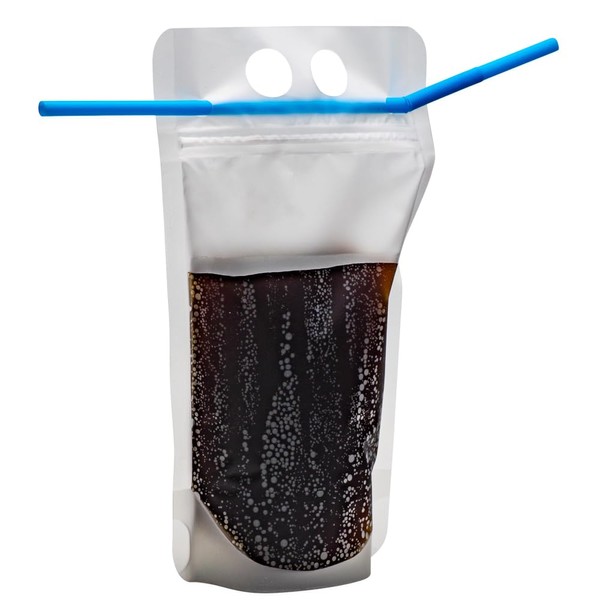 DISPOSABULL 16 oz. Plastic Drink Pouches w/Straws, Pack of 100